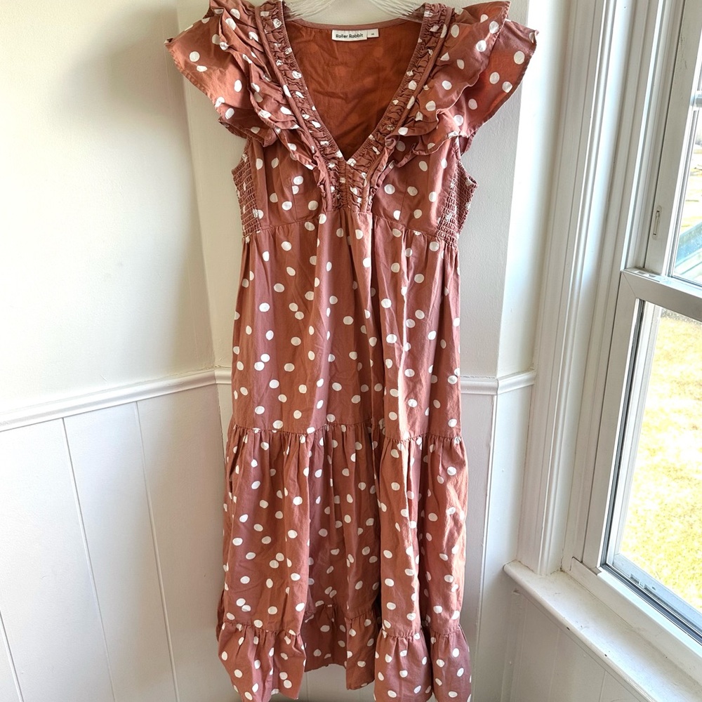 Roller Rabbit Ondine Tiered Terracotta Cottage Ruffle Polka Dot Midi Dress XS